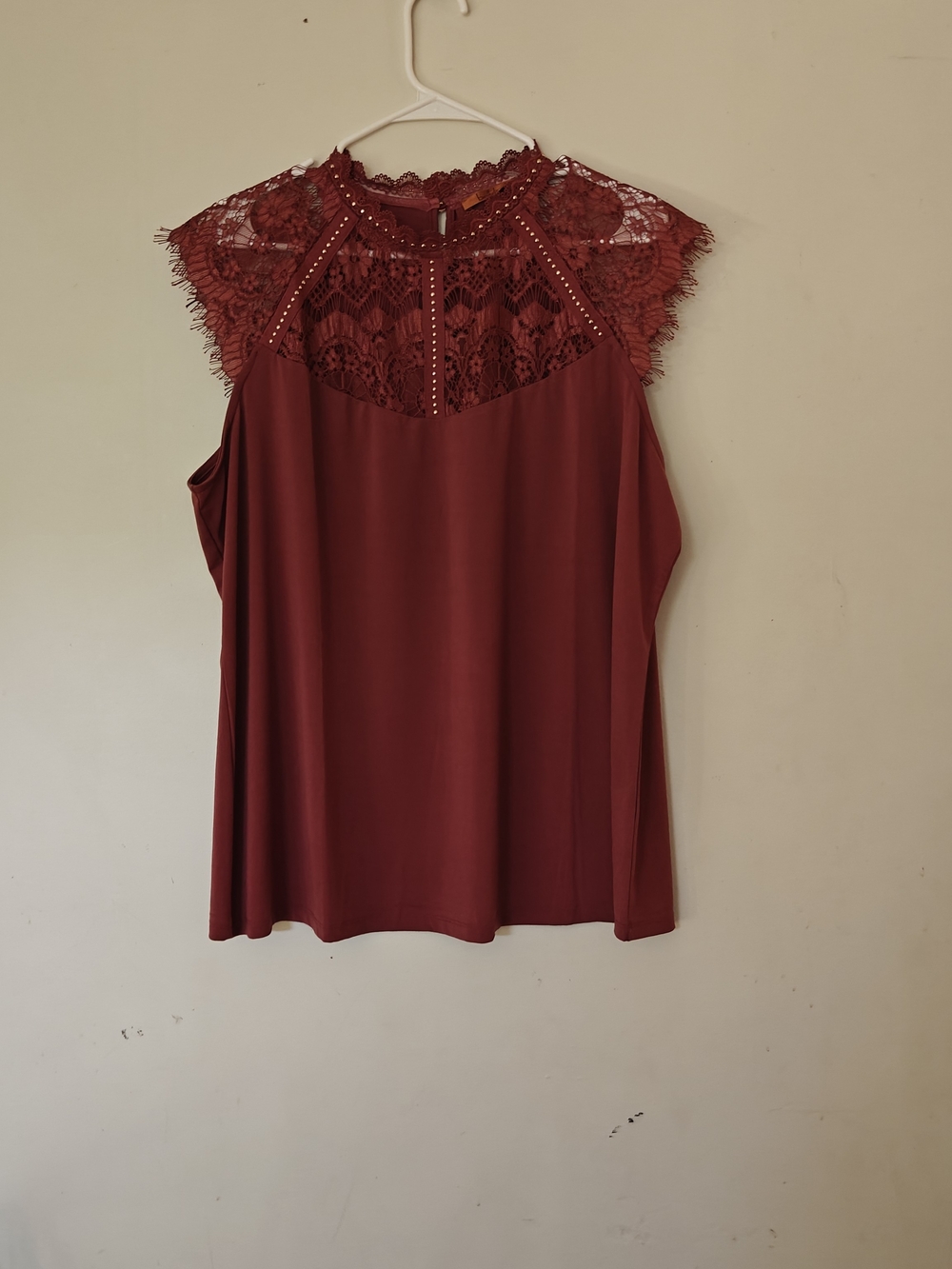 Belldini Lace Yoke Cap Sleeve Blouse, Size 2X, Wine and Gold